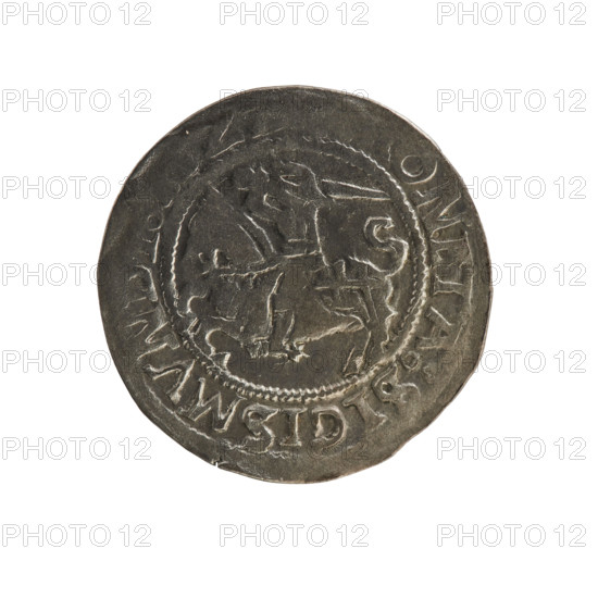Lithuanian half-grosz, Sigismund I the Old (King of Poland; 1506–1548). Obverse: Pogon (Lithuanian mounted knight) turned left; legend in rim between pearl borders: ONETA:SIGISMVND. Reverse: Polish crowned eagle; legend in rim between pearl borders: + MA, LITVANIE:, 1522. Polish–Lithuanian coin, Jagiellon dynasty; emblems: eagle and Pogon. Produced in Vilnius, Grand Duchy of Lithuania (1522).