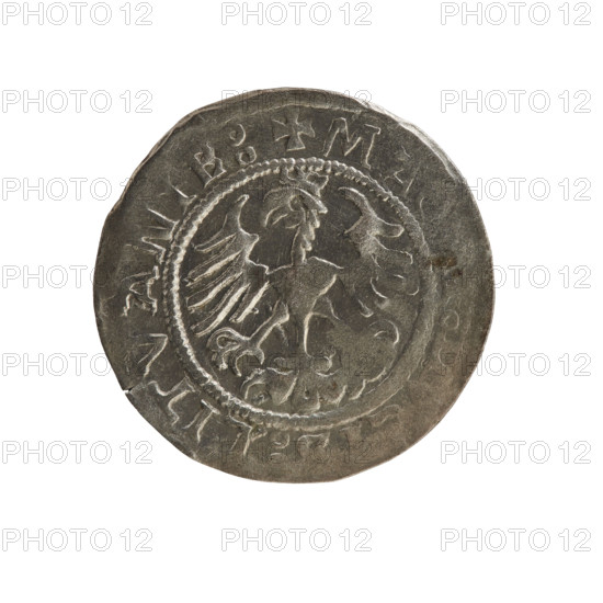 Lithuanian half-grosz, Sigismund I the Old (King of Poland; 1506–1548). Silver coin (half-grosz), 1522. Obverse: Pogon (Lithuanian mounted knight) turned left; inscription in rim between pearl borders: ONETA:SIGISMVND. Reverse: Crowned Polish eagle; inscription in rim between pearl borders: + MA, LITVANIE:. Emblems: eagle and Pogon. Associated with the Grand Duchy of Lithuania and Poland; minted in Vilnius.