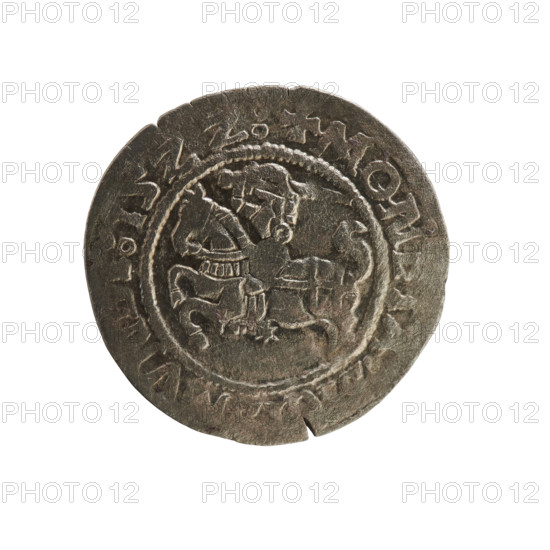 Lithuanian half-grosz, Sigismund I the Old (king of Poland; 1506–1548). Polish coin (Jagiellon dynasty). Obverse: Pursuer (Lithuanian emblem) turned left; in the rim between pearl borders an inscription: + MON, MV, :15ZZ:. Reverse: Polish crowned eagle; in the rim between pearly borders an inscription: + MAGNI, DVCI, ANIE, 1522. Grand Duchy of Lithuania; Poland; Vilnius; coin.