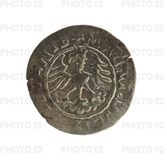Lithuanian half-grosz, Sigismund I the Old (king of Poland; 1506–1548). Silver coin (half-grosz), dated 1522. Obverse: Pursuer (Pogonia) turned left; in the rim between pearl borders an inscription: + MON, MV, :15ZZ:. Reverse: Crowned Polish eagle; in the rim between pearly borders an inscription: + MAGNI, DVCI, ANIE, 1522. Associated with the Jagiellon dynasty; emblems: eagle and Pursuer (Lithuania); Grand Duchy of Lithuania, Poland, Vilnius.