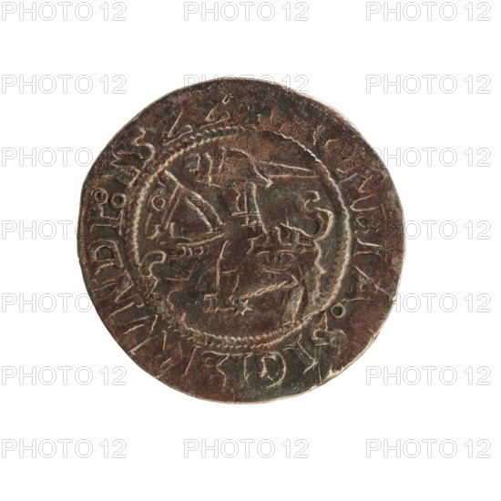 Lithuanian half-grosz, Sigismund I the Old (king of Poland; 1506–1548). Silver coin (half-grosz), 1522. Obverse: Pursuer (Pogonia) turned left; inscription in rim between pearl borders: NETA SIGIS VNDI 15ZZ. Reverse: Crowned Polish eagle; inscription in rim between pearl borders: + MAGNI:DVCI TVANIE: 1522. Emblems: eagle and Pursuer (Lithuania). Grand Duchy of Lithuania, Poland; minted in Vilnius.