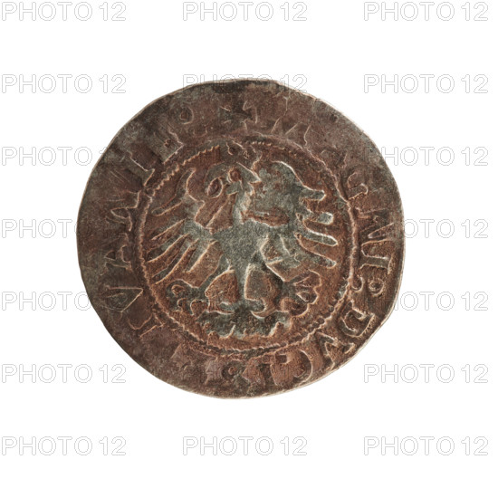 Lithuanian half-grosz, Sigismund I the Old (king of Poland; 1506–1548). Silver coin (half-grosz), 1522. Obverse: Pursuer (Pogonia) turned left; rim inscription between pearl borders: NETA, SIGIS, VNDI:15ZZ. Reverse: Polish crowned eagle; rim inscription between pearl borders: + MAGNI:DVCI, TVANIE:, 1522. Jagiellon dynasty; emblems: eagle and Pursuer. Grand Duchy of Lithuania, Poland; minted in Vilnius.