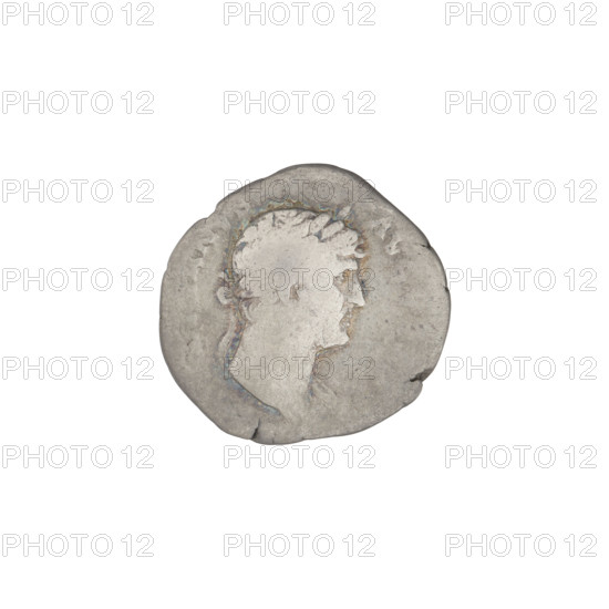 Denarius; Hadrian (76–138; Roman emperor 117–138). Obverse: head of Hadrian in laurel wreath facing right; rim inscription HADRIANVS AVGVSTVS. Reverse: Concordia seated left, dressed in a long robe, holding a patera in her outstretched right hand, with her left hand resting on the figure of Spes on a small base at the back of the chair; rim inscription COS III. Date: 125–128. Roman Empire, Rome. Coin; weight 3.03 g.