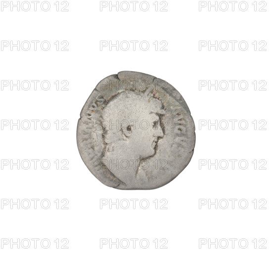 Denarius, Hadrian (76–138; Roman emperor 117–138). Obverse: head of Hadrian in laurel wreath facing right; rim inscription HADRIANVSAVG. Reverse: Roma sitting on armour and shield facing left, wearing a short robe and helmet, figure of Victoria in right hand, spear in left; rim inscription COSIII. Date: 125–128. Roman Empire (27 BC–476). Rome. Coin; weight 2.88 g.