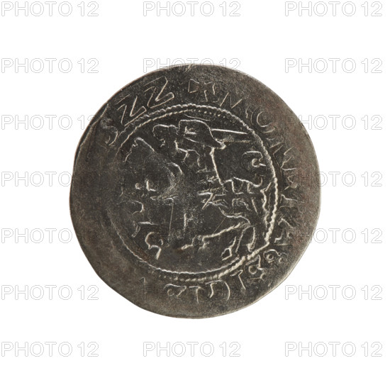 Lithuanian half-grosz, Sigismund I the Old (King of Poland; 1506–1548). Obverse: Pogon (Lithuanian coat of arms) turned left; in the rim between pearly borders an inscription: + MONETA:SIGI, ZZ. Reverse: Polish eagle with a crown; in the rim between pearly borders an inscription: MAGNI:DV, I, LITVAN, 1522. Polish–Lithuanian coin (Grand Duchy of Lithuania), Vilnius.