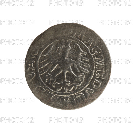 Lithuanian half-grosz, Sigismund I the Old (King of Poland; 1506–1548). Obverse: Pogon (Lithuanian coat of arms) turned left; in the rim between pearly borders an inscription: + MONETA:SIGI,ZZ. Reverse: crowned Polish Eagle; in the rim between pearly borders an inscription: MAGNI:DV,I,LITVAN, 1522. Polish coin, Jagiellon dynasty; coats of arms; Grand Duchy of Lithuania; Vilnius.
