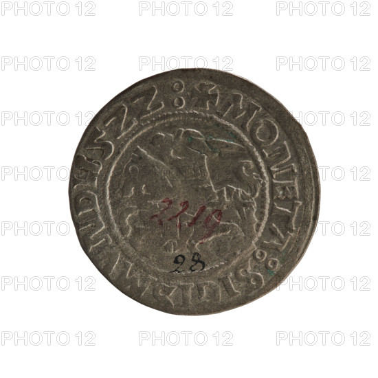 Lithuanian half-grosz, Sigismund I the Old (King of Poland; 1506–1548). Obverse: Pogon (Lithuanian coat of arms) turned to the left; in the rim between pearl borders an inscription: + COIN:SIGISMVNDI15ZZ:. Reverse: Polish crowned eagle; in the rim between pearly borders an inscription: + MAGNI:DVCIS:LITVANIE:. Punch AR. 1522. Grand Duchy of Lithuania / Poland; Vilnius. R8 (rarity). Polish coin; Jagiellonian dynasty; coats of arms: eagle, Pogon.
