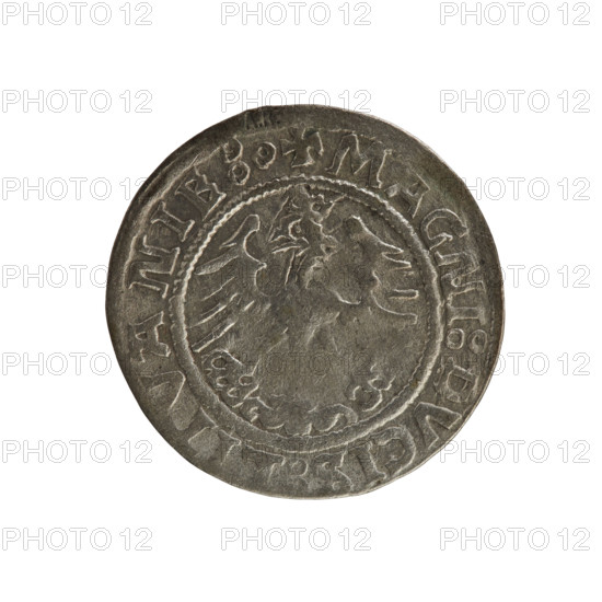 Lithuanian half-grosz, Sigismund I the Old (King of Poland; 1506–1548). Obverse: Pogon (mounted knight) turned to the left; in the rim between pearl borders an inscription: + COIN:SIGISMVNDI15ZZ:. Reverse: Polish crowned Eagle; in the rim between pearly borders an inscription: + MAGNI:DVCIS:LITVANIE:. Punch AR. Date: 1522. Grand Duchy of Lithuania (Vilnius), Poland. Style: Polish–Lithuanian coinage; motif: coats of arms (Eagle, Pogon). R8 (rarity).