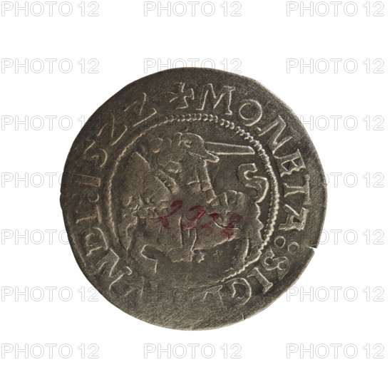 Lithuanian half-grosz, Sigismund I the Old (king of Poland; 1506–1548). Obverse: Chaser (Chaser coat of arms; Lithuania) turned left; in the rim between pearl borders an inscription: + COIN:SIG, NDI:15ZZ. Reverse: Polish eagle with a crown; in the rim between pearly borders an inscription: + MAGN, VCIS:LITVA, .:., 1522. R8 (rarity). Polish coin of the Jagiellonian dynasty; coats of arms; eagles. Grand Duchy of Lithuania; Poland; Vilnius; coin.