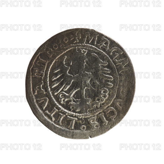 Lithuanian half-grosz, Sigismund I the Old (king of Poland; 1506–1548). Obverse: Chaser (Chaser coat of arms; Lithuania) turned left; in the rim between pearl borders an inscription: + COIN:SIG, NDI:15ZZ. Reverse: Polish Eagle with a crown; in the rim between pearly borders an inscription: + MAGN, VCIS:LITVA, .:., 1522. R8 (rarity). Polish coin of the Jagiellonian dynasty; coats of arms, eagles. Grand Duchy of Lithuania — Poland; Vilnius; coin.