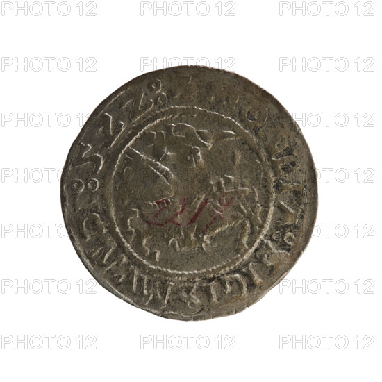 Lithuanian half-grosz, Sigismund I the Old (king of Poland; 1506–1548). Obverse: Chaser (coat of arms of Lithuania) turned left; in the rim between pearl borders an inscription: + ETA:SIGISMVND :5ZZ:. Reverse: Polish crowned eagle; in the rim between pearly borders an inscription: + AGNI:DVCI : V:ANIE:. Date: 1522. Metal: silver coin (half-grosz). Region: Grand Duchy of Lithuania / Poland, Vilnius. Rarity: R8. Subjects: Polish coins; Jagiellonian dynasty; coats of arms; eagles.