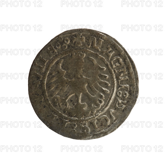 Lithuanian half-grosz, Sigismund I the Old (king of Poland; 1506–1548). Obverse: Chaser turned left; in the rim between pearl borders an inscription: + ETA:SIGISMVND :5ZZ:. Reverse: Polish eagle with a crown; in the rim between pearly borders an inscription: + AGNI:DVCI : VANI E.:. 1522. Grand Duchy of Lithuania, Poland; Vilnius. R8 (rarity). Polish coin; Jagiellonian dynasty; coats of arms (eagle, Chaser).