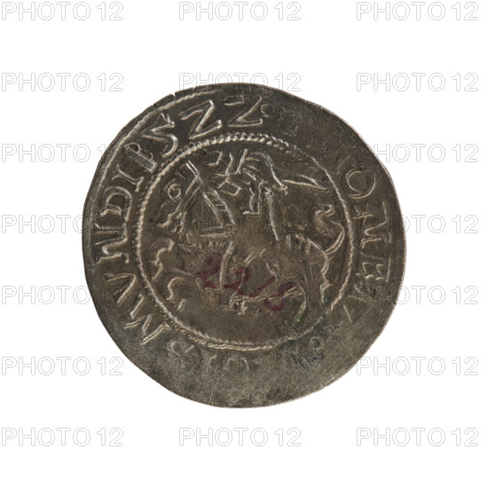 Lithuanian half-grosz, Sigismund I the Old (king of Poland; 1506–1548). Polish coin; Jagiellonian dynasty. Obverse: Chaser (coat of arms of Lithuania) turned left; in the rim between pearl borders an inscription: ONET, ISMVNDI, 5ZZ. Reverse: Polish crowned eagle; in the rim between pearl borders an inscription: +, I:DVC. R8 (rarity).