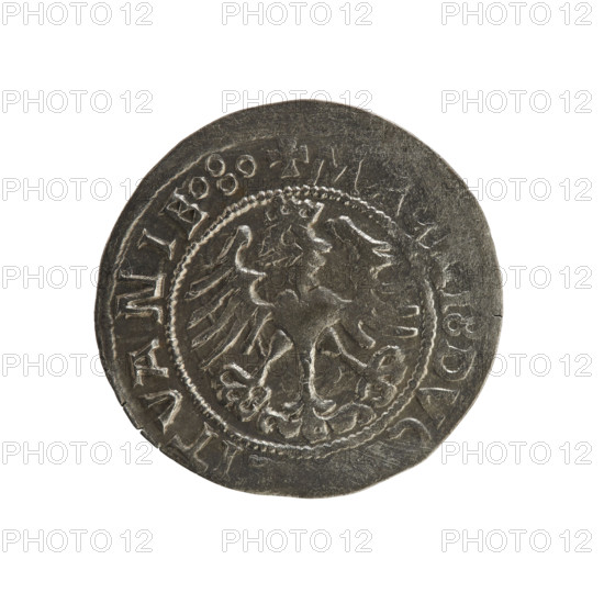 Lithuanian half-grosz, Sigismund I the Old (king of Poland; 1506–1548). Polish coin; Jagiellonian dynasty. Obverse: Chaser (coat of arms of Lithuania) turned left; in the rim between pearl borders an inscription: ONET, ISMVNDI, 5ZZ. Reverse: Polish eagle with a crown; in the rim between pearl borders an inscription: +, I:DVC. R8 (rarity).