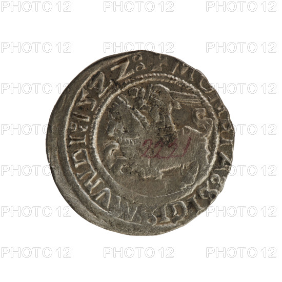 Lithuanian half-grosz, Sigismund I the Old (King of Poland; 1506–1548). Obverse: Chaser (coat of arms of Lithuania) turned left; in the rim between pearl borders an inscription: + M, A:SIGISMVNDI:15ZZ:. Reverse: Polish crowned eagle; in the rim between pearly borders an inscription: + MAGNI:DVCI, ITVANIE:, 1522. Grand Duchy of Lithuania; Poland; Vilnius; coin; Jagiellonian dynasty; coats of arms; eagles.