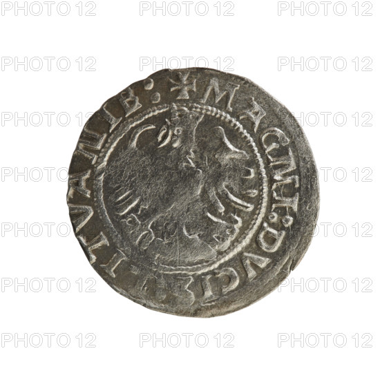 Lithuanian half-grosz, Sigismund I the Old (King of Poland; 1506–1548). Obverse: Chaser (coat of arms of Lithuania) turned left; in the rim between pearl borders an inscription: + M, A:SIGISMVNDI:15ZZ:. Reverse: Polish eagle with a crown; in the rim between pearly borders an inscription: + MAGNI:DVCI, ITVANIE:, 1522. Polish coin of the Jagiellonian period; Grand Duchy of Lithuania; Vilnius. R8 (rarity).