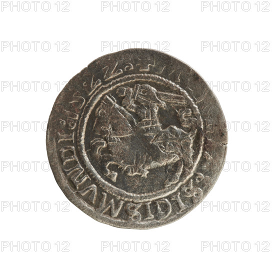 Lithuanian half-grosz, Sigismund I the Old (king of Poland; 1506–1548). Silver coin (half-grosz), 1522. Obverse: Pursuer (Lithuanian emblem) turned left; inscription in rim between pearl borders: + SIGISMVNDI. Reverse: Polish crowned Eagle; inscription in rim between pearl borders: + MAGNI: CIS:L: VANI .:.  Grand Duchy of Lithuania / Poland; struck in Vilnius.