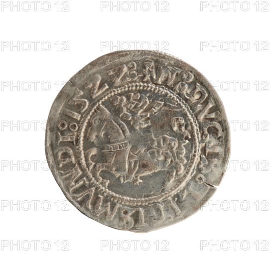 Lithuanian half-grosz, Sigismund I the Old (King of Poland; 1506–1548), 1522. Silver coin (half-grosz) of the Jagiellon dynasty from the Grand Duchy of Lithuania, minted in Vilnius. Obverse: Pogon (mounted knight) turned left; in the rim between pearly borders the inscription: :DVCIS, ISMVNDI:15ZZ:. Reverse: crowned Polish Eagle; in the rim between pearly borders the inscription: + MO, DVCISLITV, 15ZZ:.