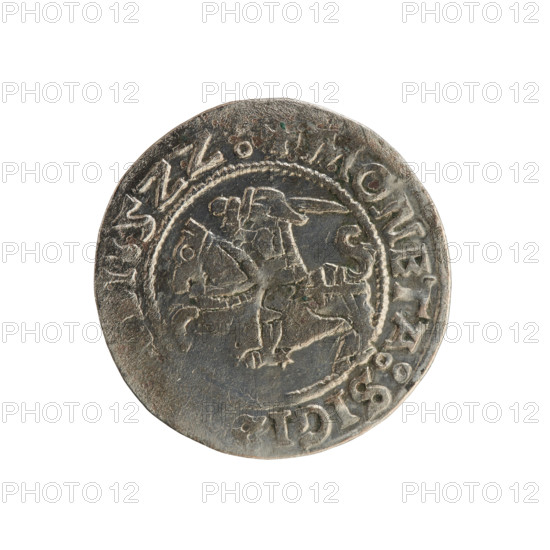 Lithuanian half-grosz, Sigismund I the Old (King of Poland; 1506–1548). Polish coin (Jagiellon dynasty), 1522. Obverse: Pogon (Lithuanian charging knight) turned left; in the rim between pearl-shaped borders an inscription: COIN:SIGI, MAGNI:DVCI. Materials/function: coin; emblems: Pogon, eagle. Minted in Vilnius, Grand Duchy of Lithuania (Poland).