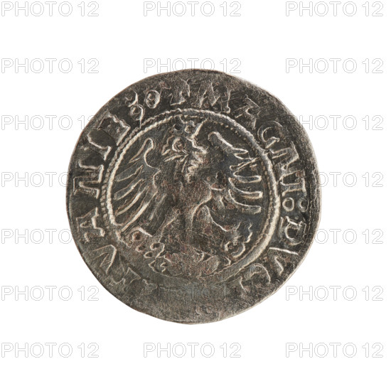 Lithuanian half-grosz, Sigismund I the Old (King of Poland; 1506–1548). Polish coin (Jagiellon dynasty). Obverse: Pogon (Lithuanian knight emblem) turned left. Rim between pearl-shaped borders with inscription including COIN:SIGI, MAGNI:DVCI and 1522. Features emblems: eagles and Pogon. Minted in Vilnius, Grand Duchy of Lithuania (Poland).