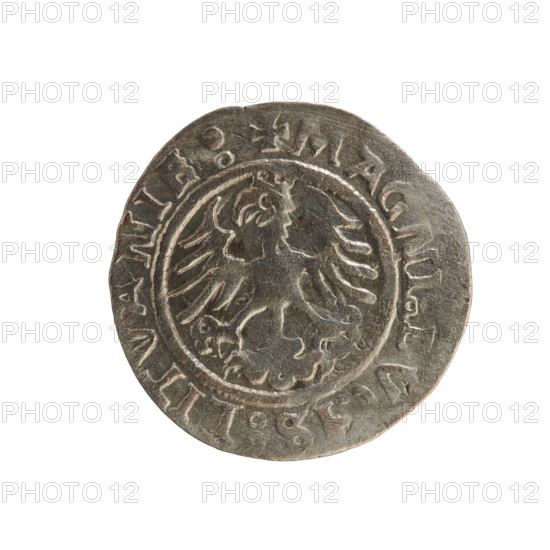 Lithuanian half-grosz, Sigismund I the Old (king of Poland; 1506–1548). Coin (1522). Obverse: Pursuer (Lithuanian emblem) turned left; in the rim between pearl borders an inscription: :SIGISMVNDI:15ZZ:. Reverse: Polish crowned eagle; in the rim between pearl borders an inscription: + MAGNI, V, IS:LITVANIE:. Grand Duchy of Lithuania, Poland; Vilnius.