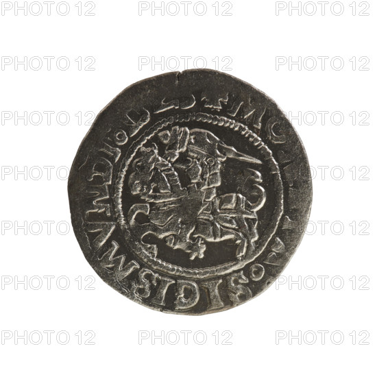 Lithuanian half-grosz, Sigismund I the Old (king of Poland; 1506–1548). Coin (1523). Obverse: Pursuer (Lithuanian emblem) turned left; rim between pearl borders with inscription 'MO:SIGISMVNDI'. Reverse: Polish crowned eagle; rim between pearl borders with inscription '+MAGNI:D:LI:NIE:'. Polish–Lithuanian Grand Duchy; Vilnius.