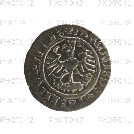 Lithuanian half-grosz, Sigismund I the Old (king of Poland; 1506–1548). Polish coin (Jagiellon dynasty), 1523. Obverse: Pursuer (Lithuanian emblem) turned left; rim between pearl borders with inscription MO :SIGISMVNDI. Reverse: Polish crowned eagle; rim between pearl borders with inscription + MAGNI:D :LI NIE: 1523. Grand Duchy of Lithuania — Poland; Vilnius.