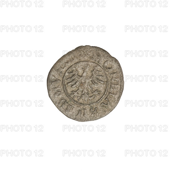 Crown coin, Sigismund I the Old (King of Poland; 1506–1548). Obverse: Polish crowned eagle; in the rim an inscription divided by an eagle's crown at top and a rosette at bottom: MONETA SIGISMVN. Reverse: Shield with a double cross; on the sides the letters SP and date 1527. Kraków, Poland. Coin; weight 0.57 g.