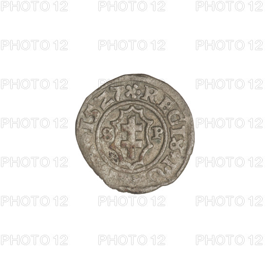 Crown coin, Sigismund I the Old (King of Poland; 1506–1548). Obverse: Polish crowned eagle; rim inscription divided by an eagle's crown at top and a rosette at bottom: MONETA SIGISMVN. Reverse: Shield with a double cross; letters SP on the sides, dated 1527. Kraków, Poland. Coin weight 0.57 g. Features crowns, eagles, coats of arms, talons, wings. Maker: Andrzej Potocki (1861–1908)