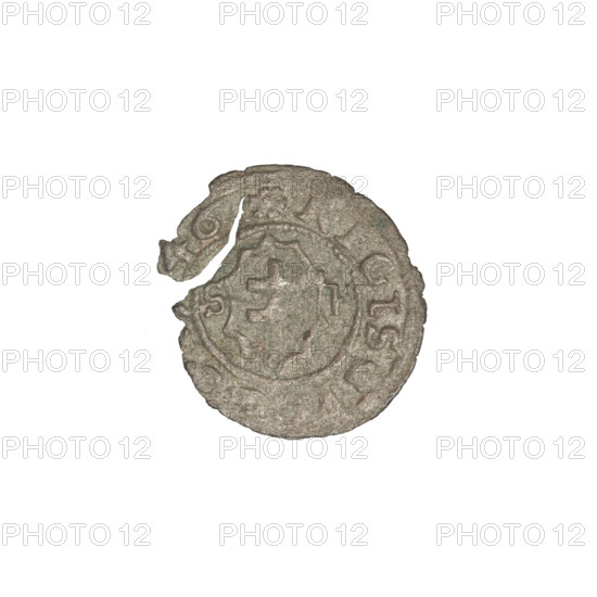 Crown coin, Sigismund I the Old (King of Poland; 1506–1548). Obverse: Polish crowned eagle; rim inscription divided by an eagle's crown at top and a rosette at bottom: MONETA SIGISMVN. Reverse: Shield with a double cross; letters SP on the sides, dated 1546. Kraków, Poland. Coin, weight 0.28 g.