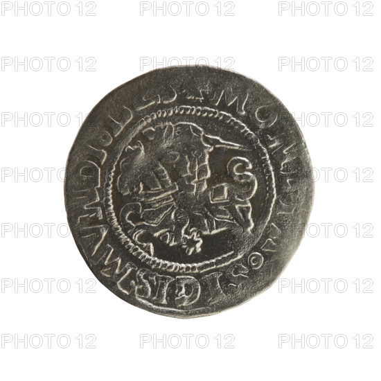 Lithuanian half-grosz, Sigismund I the Old (king of Poland; 1506–1548). Silver coin (half-grosz), dated 1523. Obverse: Pursuer (Pogonia) turned left; rim inscription between pearl borders: MON SIGISMVNDI. Reverse: Crowned Polish eagle; rim inscription between pearl borders: GNI DVCIS LITV NI 1523. Emblems: eagle and Pursuer. Jagiellon dynasty; Grand Duchy of Lithuania; Poland; Vilnius.