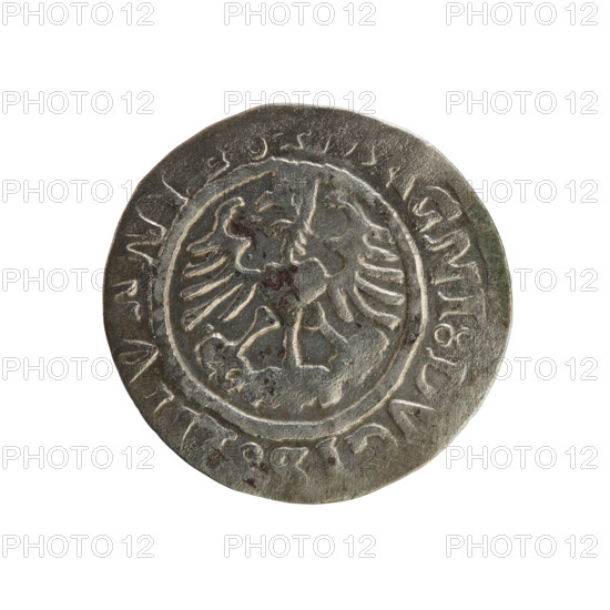 Lithuanian half-grosz, Sigismund I the Old (king of Poland; 1506–1548). Polish coin of the Jagiellon dynasty. Obverse: Pursuer (Pogonia) turned left; inscription in rim between pearl borders: MON SIGISMVNDI. Reverse: Crowned Polish eagle; inscription in rim between pearl borders: GNI DVCIS LITV NI 1523. Grand Duchy of Lithuania; silver coin; dated 1523; associated with Vilnius.