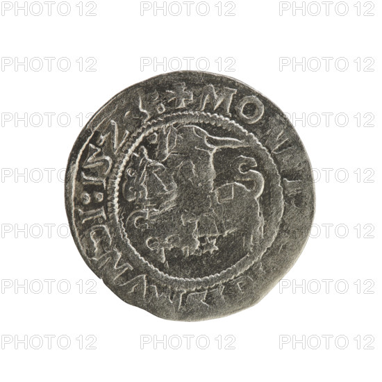 Lithuanian half-grosz, Sigismund I the Old (king of Poland; 1506–1548). Obverse: Pogon turned left; in rim between pearl borders an inscription '+ MON, MVNDI:15Z3:'. Reverse: crowned Polish Eagle; in rim between pearl borders an inscription '+ MAG, I:DVCIS:', dated 1523. Silver coin; Grand Duchy of Lithuania, Vilnius. Genres/emblems: Jagiellon dynasty, emblems—eagle and Pogon.