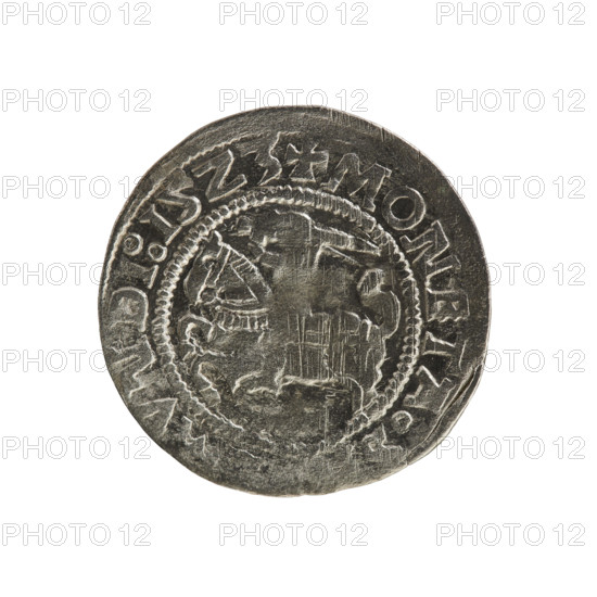 Lithuanian half-grosz, Sigismund I the Old (king of Poland; 1506–1548). Obverse: Pursuer (emblem of Lithuania) turned left; in the rim between pearl borders an inscription: + COIN:S, VNDI:15Z3. Reverse: Polish crowned eagle; in the rim between pearl borders an inscription: + MAGNI, DVCIS:LI, NIE:, 1523. Polish–Lithuanian coin, Grand Duchy of Lithuania, Vilnius.
