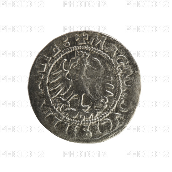 Lithuanian half-grosz, Sigismund I the Old (king of Poland; 1506–1548). Silver coin, 1523. Obverse: Pursuer (Pogonia) turned left; rim inscription between beaded borders: + COIN:S, VNDI:15Z3. Reverse: Polish crowned eagle; rim inscription between beaded borders: + MAGNI, DVCIS:LI, NIE:, 1523. Emblems: eagle and Pursuer. Function: coinage of the Grand Duchy of Lithuania (Poland–Lithuania), struck in Vilnius.