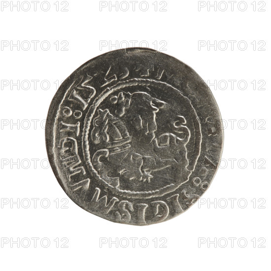 Lithuanian half-grosz, Sigismund I the Old (king of Poland; 1506–1548). Silver coin (half-grosz), 1523. Obverse: Pursuer (Pogonia) turned left; rim between pearl borders with inscription '+ A:SIGISMVNDI:15Z'. Reverse: Polish crowned eagle; rim between pearl borders with inscription 'M, GNI:DVCIS:LITVANI'. Emblems: eagle and Pursuer. Grand Duchy of Lithuania / Poland.