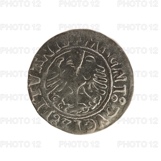 Lithuanian half-grosz, Sigismund I the Old (king of Poland; 1506–1548). Coin (1523). Obverse: Pursuer (Lithuanian emblem) turned left; rim between pearl borders with inscription '+ A:SIGISMVNDI:15Z'. Reverse: Polish crowned eagle; rim between pearl borders with inscription 'M GNI:DVCIS:LITVANI'. Grand Duchy of Lithuania; Poland; Vilnius.