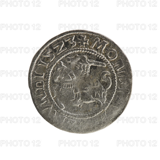 Lithuanian half-grosz, Sigismund I the Old (king of Poland; 1506–1548). Polish coin (Jagiellon dynasty). Obverse: Pursuer (emblem of Lithuania) turned left; in rim between pearl borders an inscription: + MON, VNDI 15Z3. Reverse: Polish eagle with crown; in rim between pearly borders an inscription: + MAGNI:DV, I, NIE, 1523. Grand Duchy of Lithuania; Poland; Vilnius.