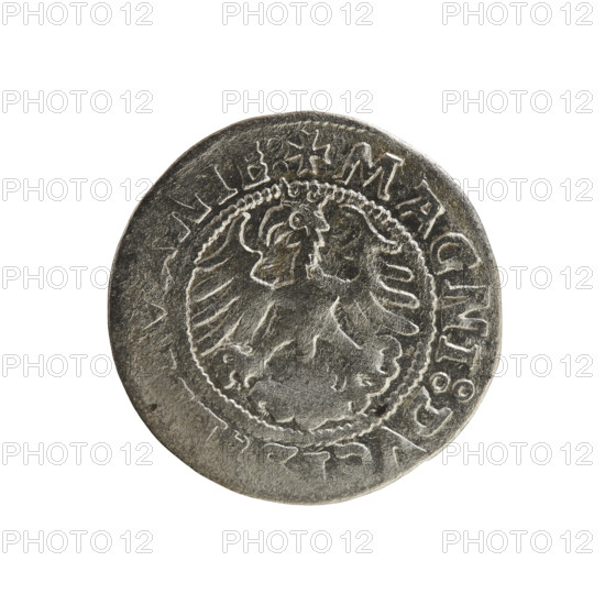Lithuanian half-grosz, Sigismund I the Old (king of Poland; 1506–1548). Polish coin, Jagiellon dynasty. Obverse: Pursuer (Lithuanian emblem) turned left; in the rim between pearl borders an inscription: + MON, VNDI 15Z3. Reverse: Polish crowned eagle; in the rim between pearl borders an inscription: + MAGNI:DV, I, NIE, 1523. Grand Duchy of Lithuania; Poland; Vilnius; coin.