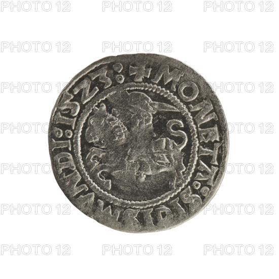 Lithuanian half-grosz, Sigismund I the Old (king of Poland; 1506–1548). Obverse: Pursuer turned left; in the rim between pearl borders an inscription: + COIN:SIGISMVNDI:15Z3:. Reverse: Polish eagle with a crown; in the rim between pearly borders an inscription: + MAGNI:DVCIS:LITVANIE:. 1523. Silver coin; Grand Duchy of Lithuania, Poland; Vilnius.