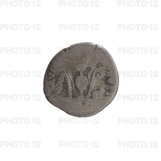 Denarius, Antoninus Pius (86–161; Roman emperor 138–161), obverse: head of Antoninus Pius in laurel wreath to the right, inscription L CAES HADR - ANTONIN; reverse: sacred implements from the left: aspergillum, jug (capis), crosier (lituus) and scoop (simpulum), inscription AVG, COS II; dated 139, Rome, Roman Empire (27 BC–476); coin; diameter 17.5 mm; weight 2.84 g; axis 180°.