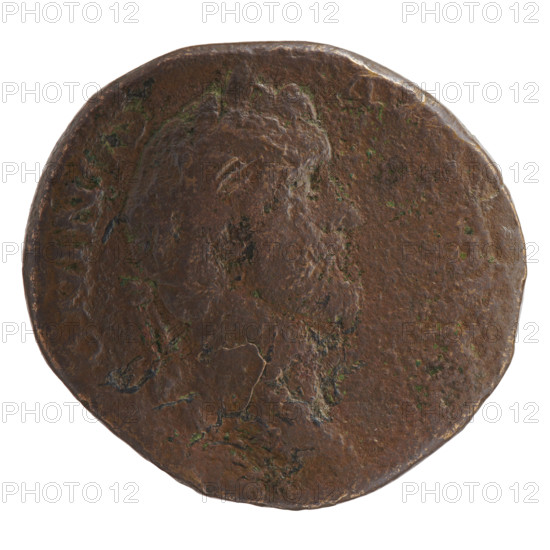 Sestertius of Antoninus Pius (86–161; Roman Emperor 138–161). Obverse: Head of Antoninus Pius in a laurel wreath facing right, legend ONINVS • AVG. Reverse: Personification of Hispania in a turret crown standing left, holding a wreath in her right hand and a long branch in her left; a rabbit at her feet left; legend IS and SC; COS II. Date: 139. Material: bronze. Coin type: Roman sestertius; diameter 30.5–32.5 mm, weight 25.80 g, axis 180°. Iconography: Antoninus Pius; personifications; wreaths; rabbits.