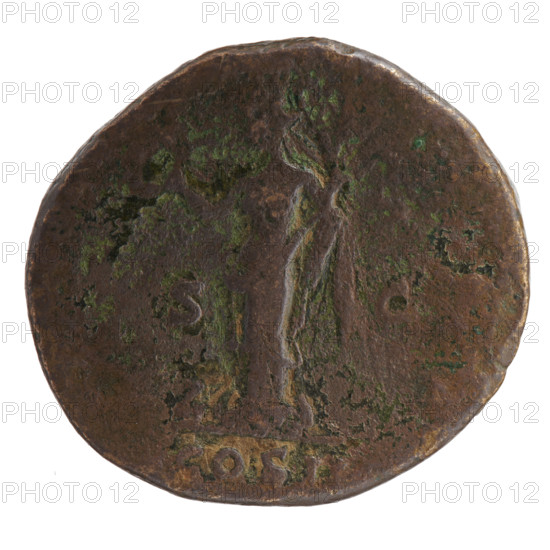 Sestertius of Antoninus Pius (86–161; Roman Emperor 138–161). Obverse: head of Antoninus Pius in a laurel wreath facing right, inscription ONINVS · AVG. Reverse: personification of Hispania wearing a turret crown, standing left, holding a wreath in her right hand and a long branch in her left; a rabbit at her feet left. Legends: IS around; COS II in section; SC in fields. Iconography: personifications, wreaths, rabbits. Roman Empire, 139. Coin: bronze; diameter 30.5–32.5 mm; weight 25.80 g; axis 180°.