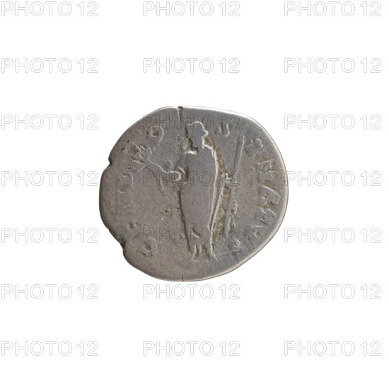 Denarius, Antoninus Pius (86–161; Roman Emperor 138–161), issuer: Antoninus Pius. Obverse: head of Antoninus Pius uncovered to the right, inscription ANTONINVS AVG PIVS PP. Reverse: Genius of the Roman Senate in a toga standing left, holding a branch in his outstretched right hand and a long scepter in his outstretched left hand, inscription G N O S ENATVS (variant spacing). Iconography: scepters, Genius (personification), branches, personifications, Roman Senate. Date: 140–144. Culture: Roman Empire. Place: Rome. Object type: coin (denarius). Dimensions: diameter 17.0–18.5 mm; weight 2.36 g; axis 180°.
