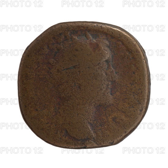 Dupondius, Antoninus Pius (86–161; Roman emperor 138–161), issuer; head of Antoninus Pius in a radiant crown facing right, legend 'AVG PI—VS PP TR P XXII' around; reverse: facade of a temple with eight columns and a statue of the Divine Augustus in the middle, inscription 'AED' and 'COS IIII' in the field; dated 158–159; Roman Empire (27 BC–476), Rome; coin; diameter 24.5–25.5 mm; weight 14.17 g; axis 345°.