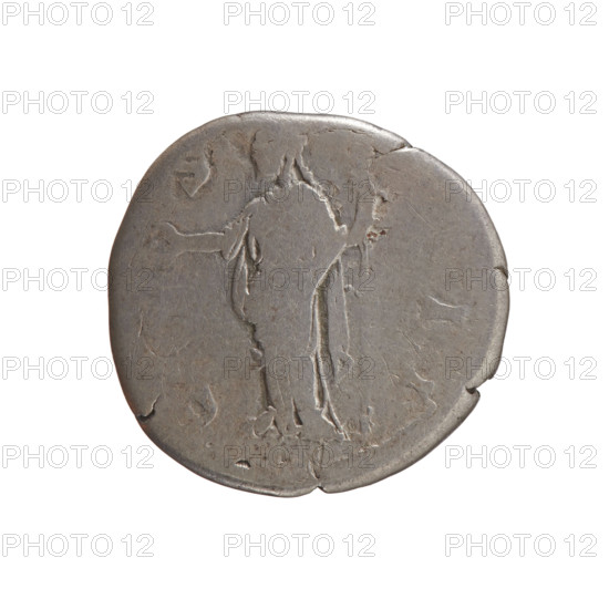 Denarius of Antoninus Pius (86–161; Roman emperor 138–161). Obverse: Head of Antoninus Pius in a laurel wreath facing right, inscription NINVS • AVG • PIV. Reverse: Concordia (personification) standing left, holding a patera in her outstretched right hand and a long scepter in her left, legend C • - S • • II (letters around). Date: 145–161. Roman Empire (27 BC–476), Rome. Coin; diameter 17.5–18.0 mm; weight 2.90 g; axis 150°.