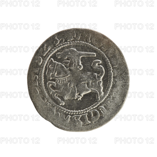 Lithuanian half-grosz, Sigismund I the Old (king of Poland; 1506–1548). Obverse: Pursuer (Lithuanian emblem) turned left; in the rim between pearl borders an inscription: + MO, IGIS, Z3. Reverse: Polish crowned eagle; in the rim between pearly borders an inscription: + MAGNI, S:LI, IE, 1523. Polish coin, Grand Duchy of Lithuania, Vilnius.