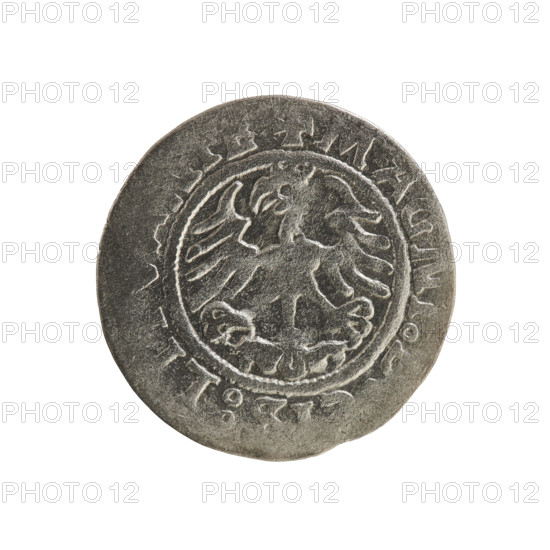 Lithuanian half-grosz, Sigismund I the Old (king of Poland; reign 1506–1548). Silver coin (half-grosz), 1523. Obverse: Pursuer (Lithuanian emblem) turned left; rim inscription between beaded borders: + MO, IGIS, Z3. Reverse: Crowned Polish eagle; rim inscription between beaded borders: + MAGNI, S:LI, IE, 1523. Jagiellon dynasty; emblems: eagle and Pursuer. Grand Duchy of Lithuania, Vilnius.