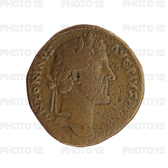 Sestertius, Antoninus Pius (86–161; Roman emperor 138–161). Obverse: Head of Antoninus Pius in a laurel wreath facing right, inscription ANTONINVS · AVG · PIVS · PP · TR circumferential. Reverse: Salus standing left, holding a patera above an altar around which a snake coils, and an inverted rudder in left hand, inscription COS · IIII circumferential, fields S · C. Iconography: Salus (personification), snakes, altars, rudders. Date: 145–161 CE, Roman Empire (27 BCE–476 CE), Rome. Coin type: sestertius; material: coin; diameter 30.0–31.0 mm; weight 23.40 g; axis 0°.