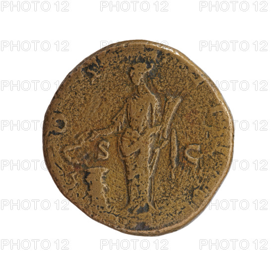 Sestertius of Antoninus Pius (86–161; Roman emperor 138–161). Obverse: head of Antoninus Pius in a laurel wreath facing right, legend 'ANTONINVS AVG PIVS PP TR' (circumferential). Reverse: Salus standing left, holding a patera above an altar around which a snake coils, and in left hand an inverted rudder; legend 'C•OS•IIII' (circumferential), with mintmark S•C in the fields. Iconography: Antoninus Pius; Salus (personification); snakes; altars; rudders. Date: 145–161 CE, Roman Empire (27 BC–476), Rome. Coin: bronze sestertius, diameter c. 30–31 mm, weight 23.40 g, axis 0°.